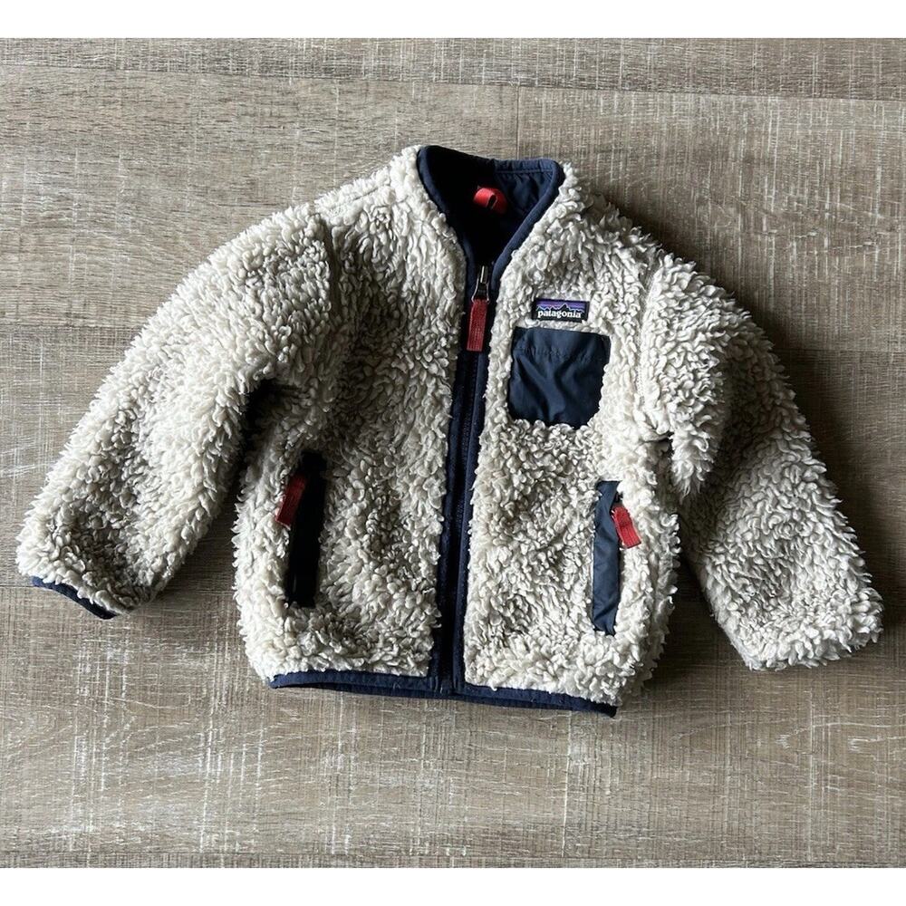 Patagonia Retro X Fleece Jacket Kids Toddler Beige Navy Full Zip Sherpa 12-18 mo
